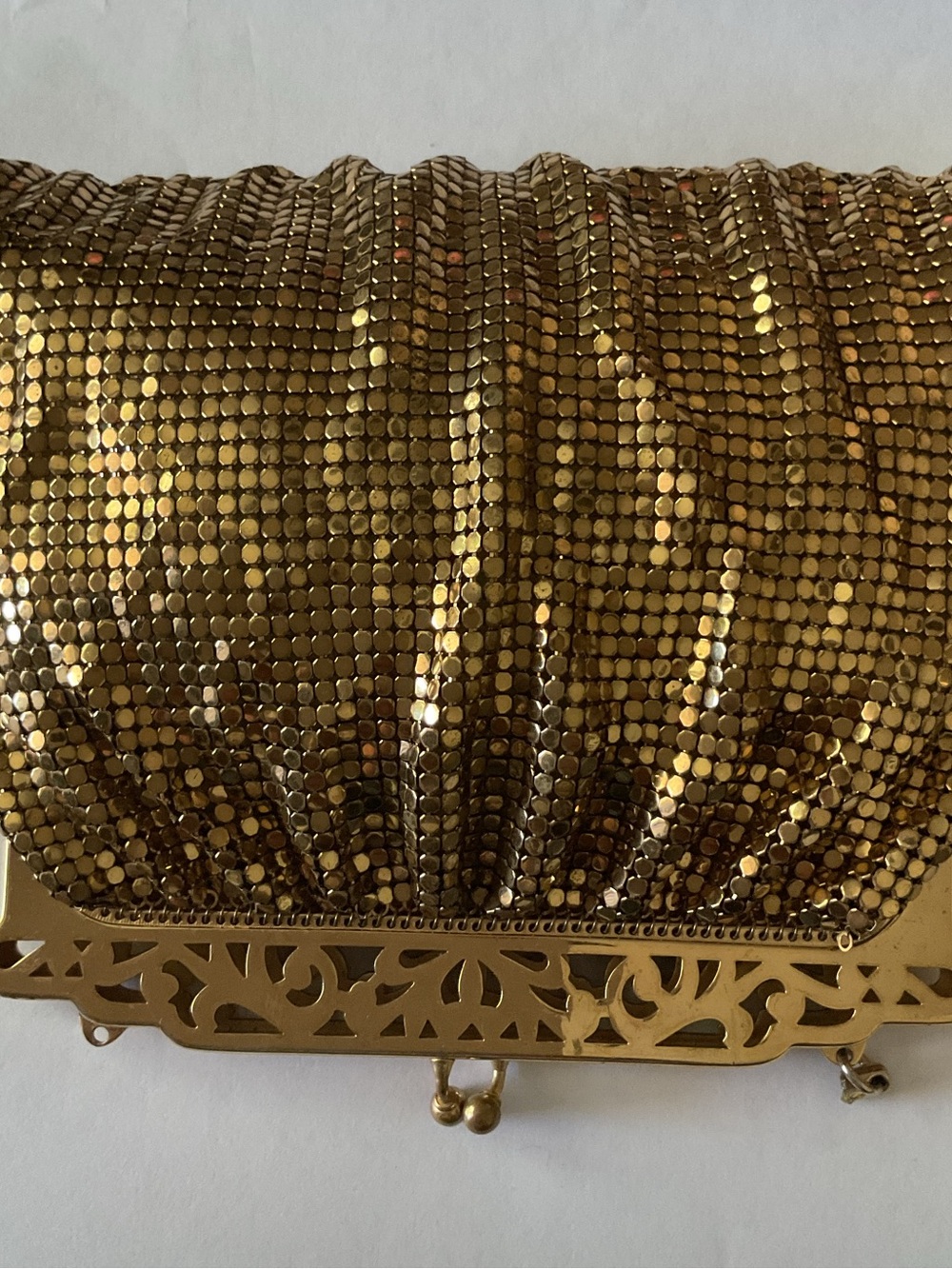 Whitting & Davis 1930’s Gold Sequin Evening Clutch with Decorative Metal Frame
